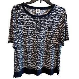 Anne Klein Black White Abstract Short Sleeve Shirt Top Belted Waist Sz L
